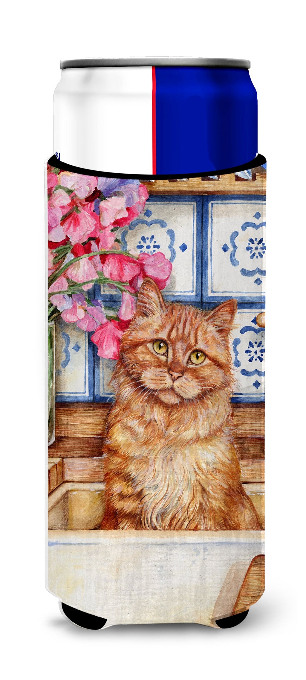 Cat In Sink by Debbie Cook Slim Can Hugger , Insulated Foam Hugger for 12 oz Slim Cans, Beer Bottles & Water Bottles, Printed in USA