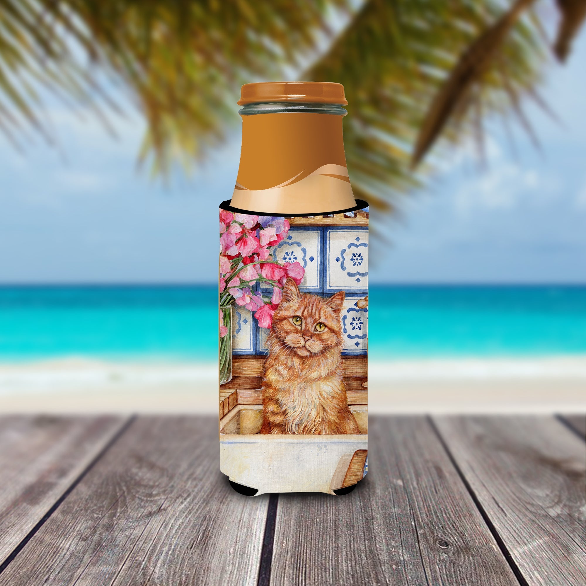 Cat In Sink by Debbie Cook Slim Can Hugger , Insulated Foam Hugger for 12 oz Slim Cans, Beer Bottles & Water Bottles, Printed in USA