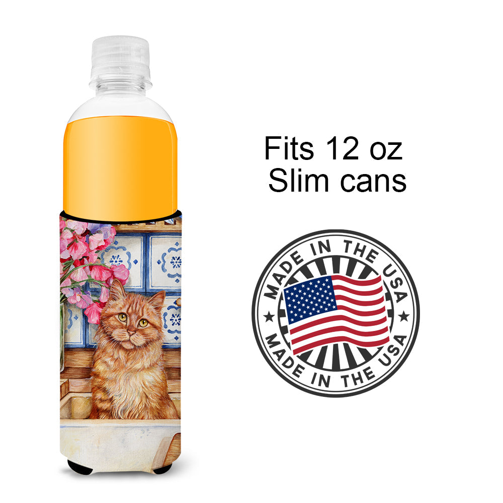 Cat In Sink by Debbie Cook Slim Can Hugger , Insulated Foam Hugger for 12 oz Slim Cans, Beer Bottles & Water Bottles, Printed in USA