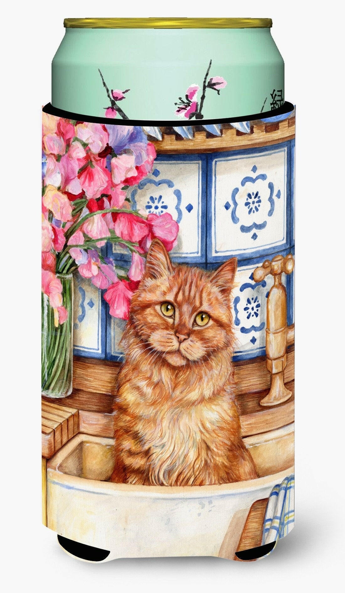 Cat In Sink by Debbie Cook Tall Boy Hugger Can Cooler Sleeve Machine Washable Drink Collapsible Insulator Beverage Insulated Holder