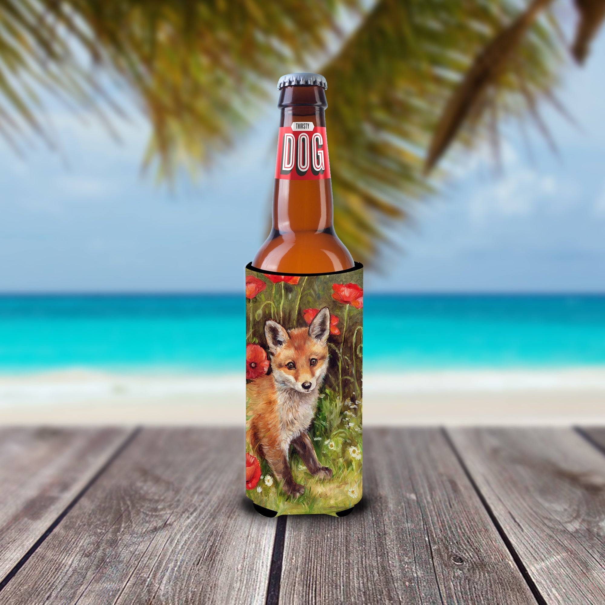 Fox Cub by Debbie Cook Slim Can Hugger , Insulated Foam Hugger for 12 oz Slim Cans, Beer Bottles & Water Bottles, Printed in USA