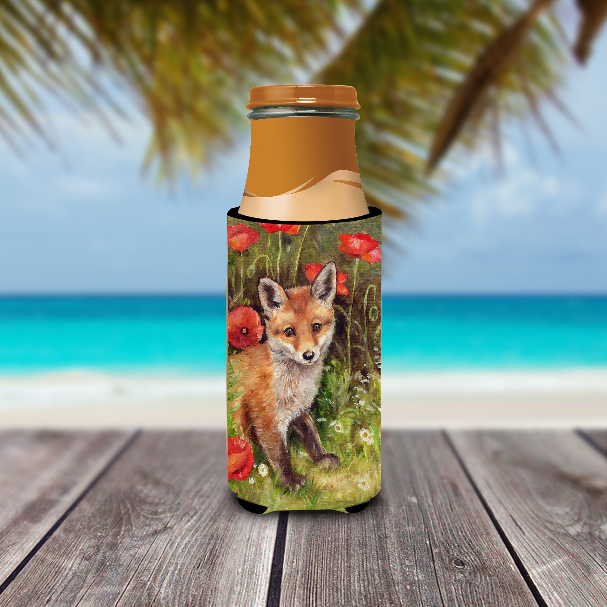 Fox Cub by Debbie Cook Slim Can Hugger , Insulated Foam Hugger for 12 oz Slim Cans, Beer Bottles & Water Bottles, Printed in USA