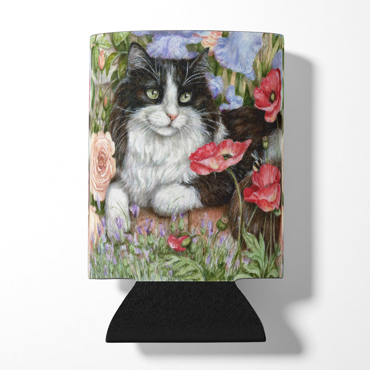 Black and White Cat in Poppies Can or Bottle Hugger Cooler Sleeve for Standard 12 oz Cans, Insulated Foam Beer & Soda Can Hugger Reusable