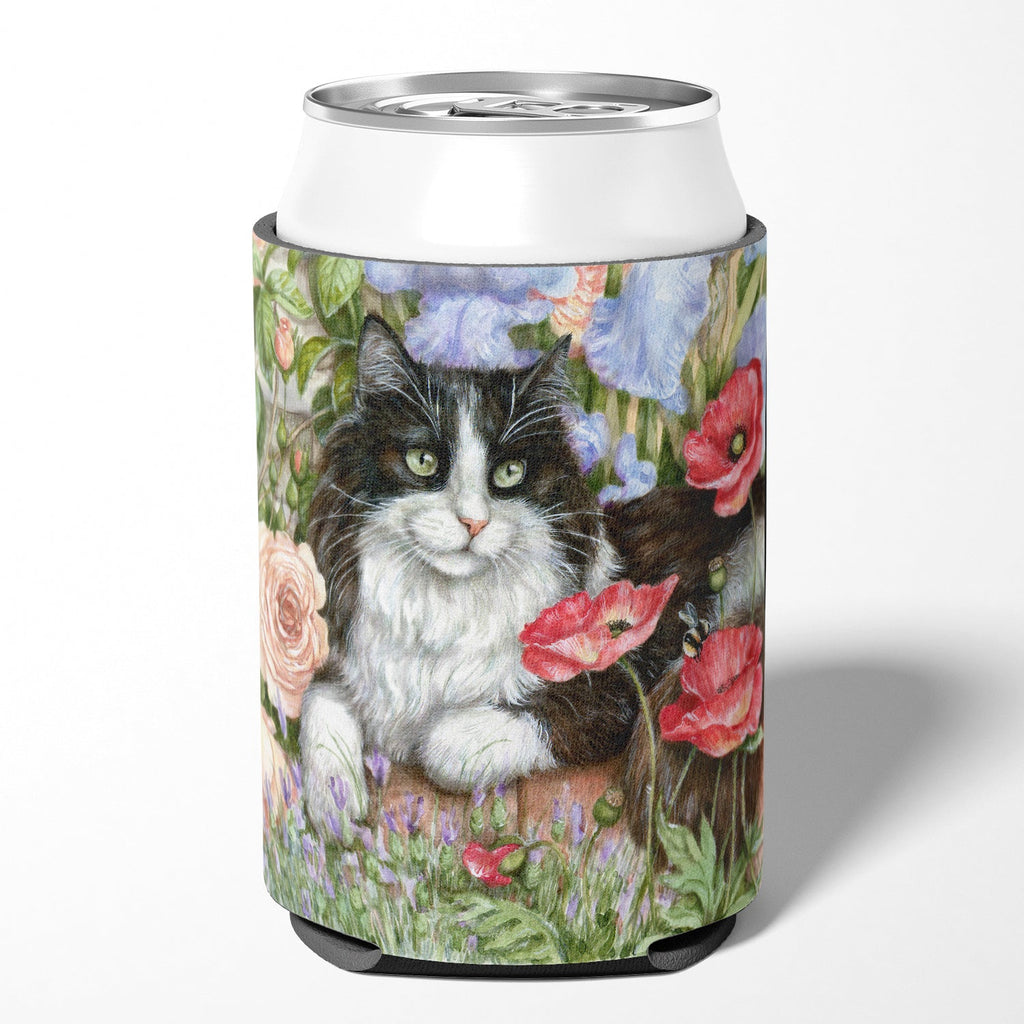 Black and White Cat in Poppies Can or Bottle Hugger Cooler Sleeve for Standard 12 oz Cans, Insulated Foam Beer & Soda Can Hugger Reusable