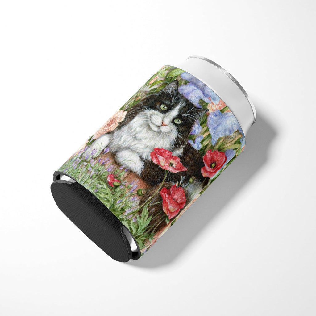 Black and White Cat in Poppies Can or Bottle Hugger Cooler Sleeve for Standard 12 oz Cans, Insulated Foam Beer & Soda Can Hugger Reusable
