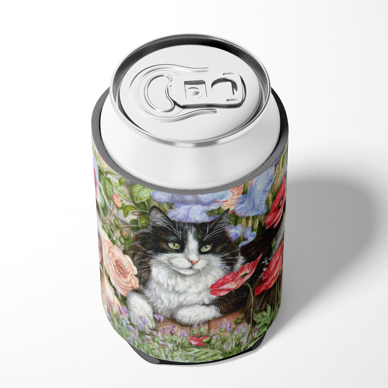 Black and White Cat in Poppies Can or Bottle Hugger Cooler Sleeve for Standard 12 oz Cans, Insulated Foam Beer & Soda Can Hugger Reusable