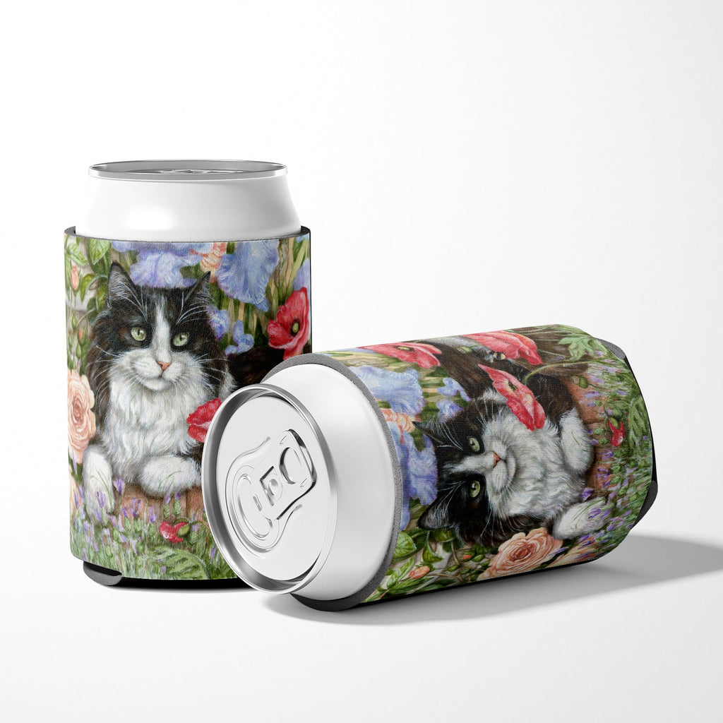 Black and White Cat in Poppies Can or Bottle Hugger Cooler Sleeve for Standard 12 oz Cans, Insulated Foam Beer & Soda Can Hugger Reusable