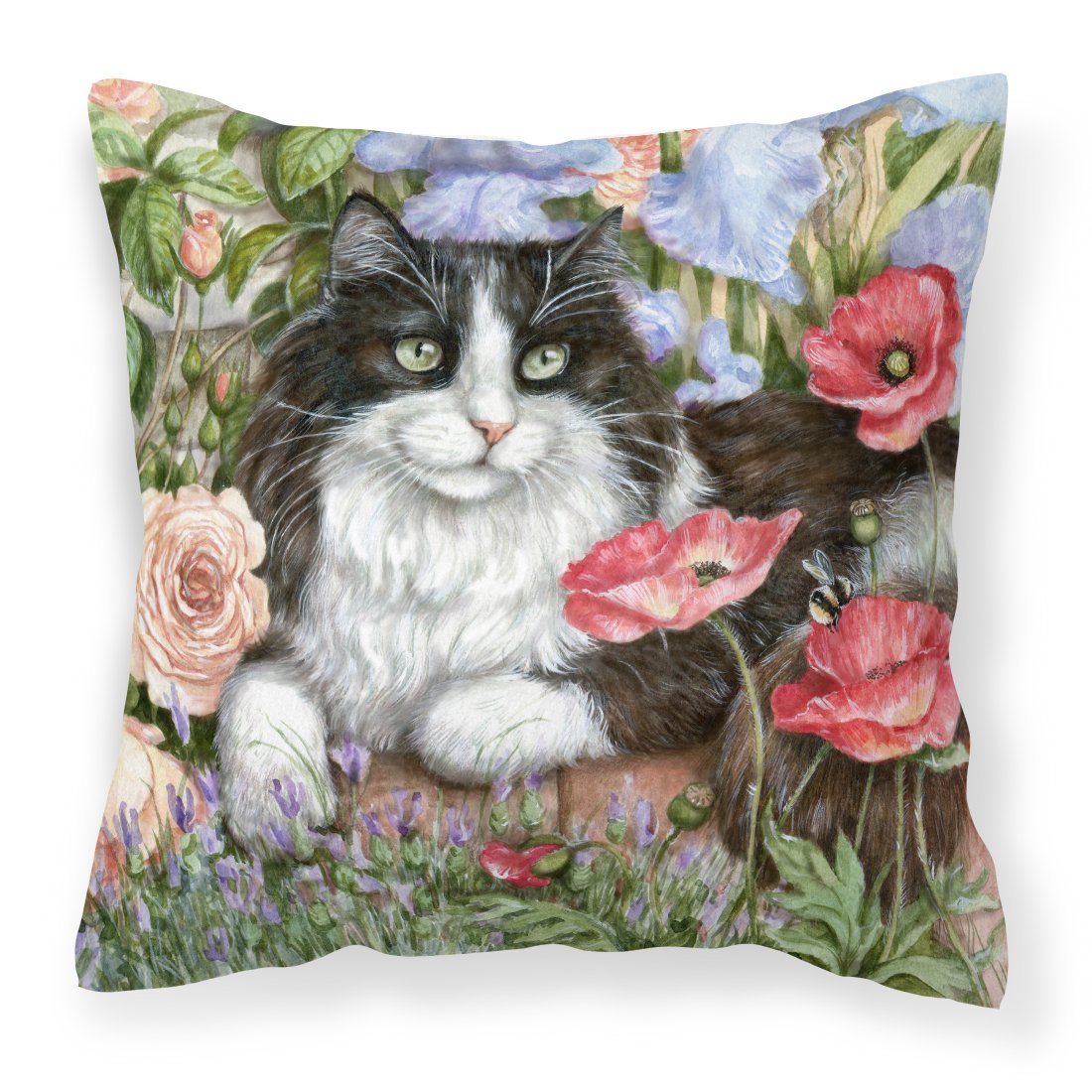 Black and White Cat in Poppies Decorative Throw Pillow 18x18 Indoor Outdoor Accent Cushion, Fabric Cover with Insert for Sofa, Bed, Porch & Living Room