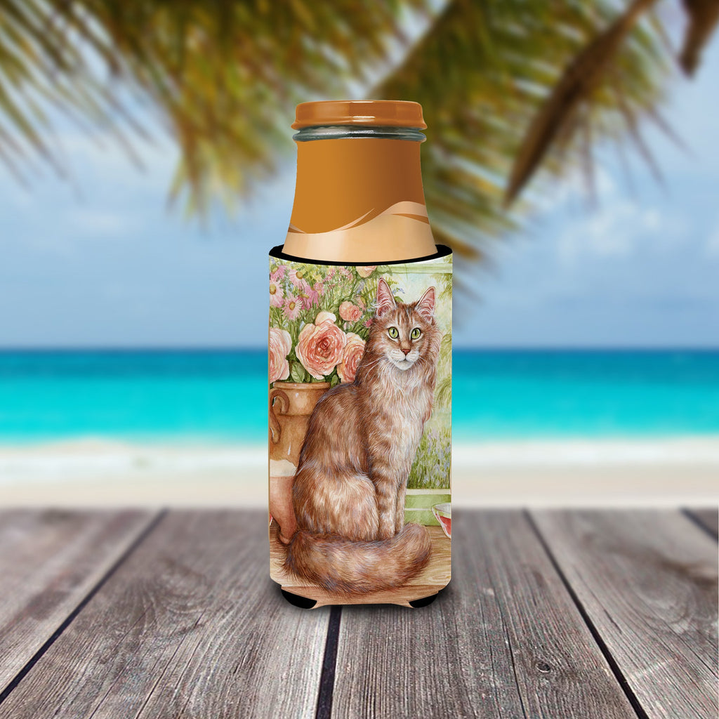 Maine Coon Cat by Debbie Cook Slim Can Hugger , Insulated Foam Hugger for 12 oz Slim Cans, Beer Bottles & Water Bottles, Printed in USA