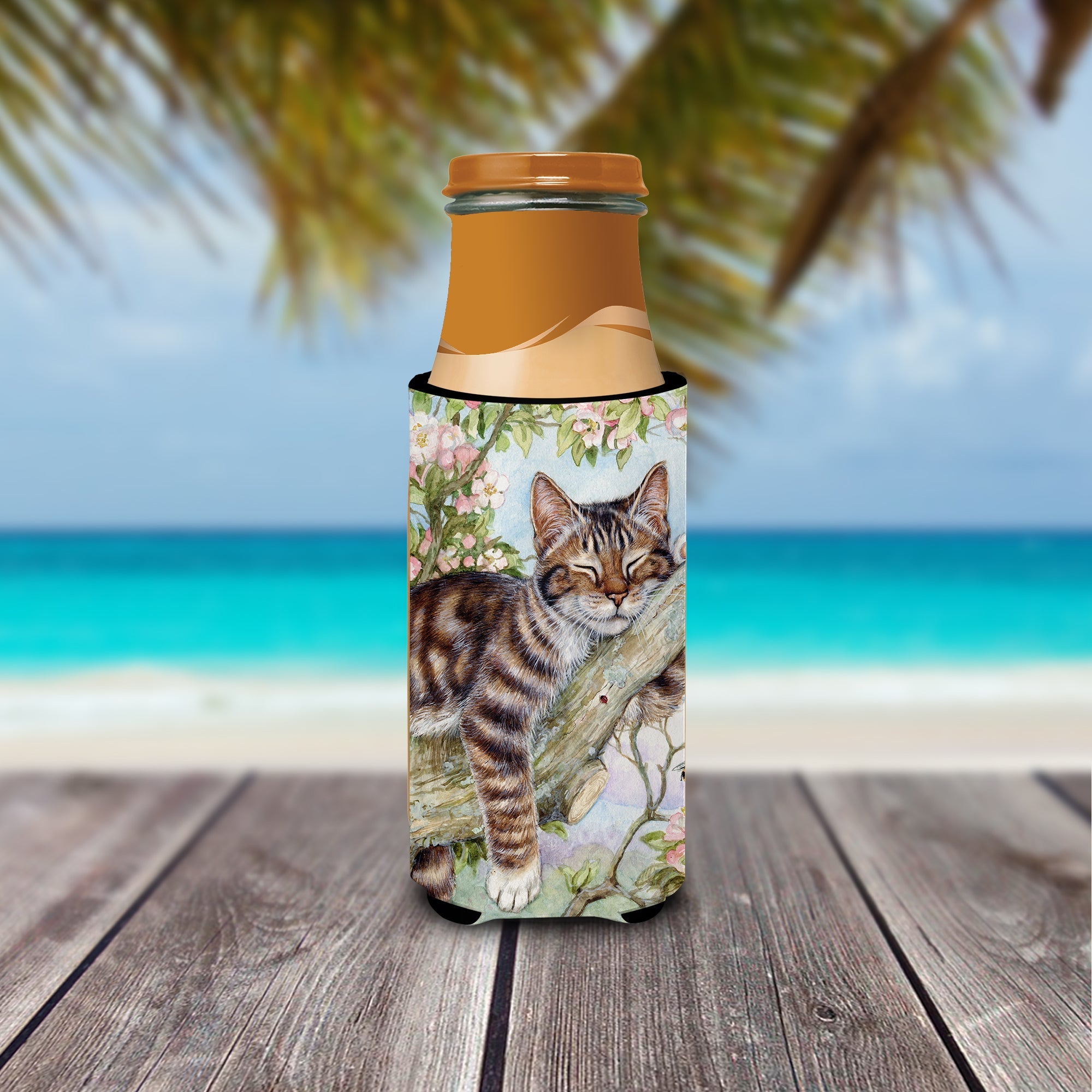 Sleepy Cat by Debbie Cook Slim Can Hugger , Insulated Foam Hugger for 12 oz Slim Cans, Beer Bottles & Water Bottles, Printed in USA