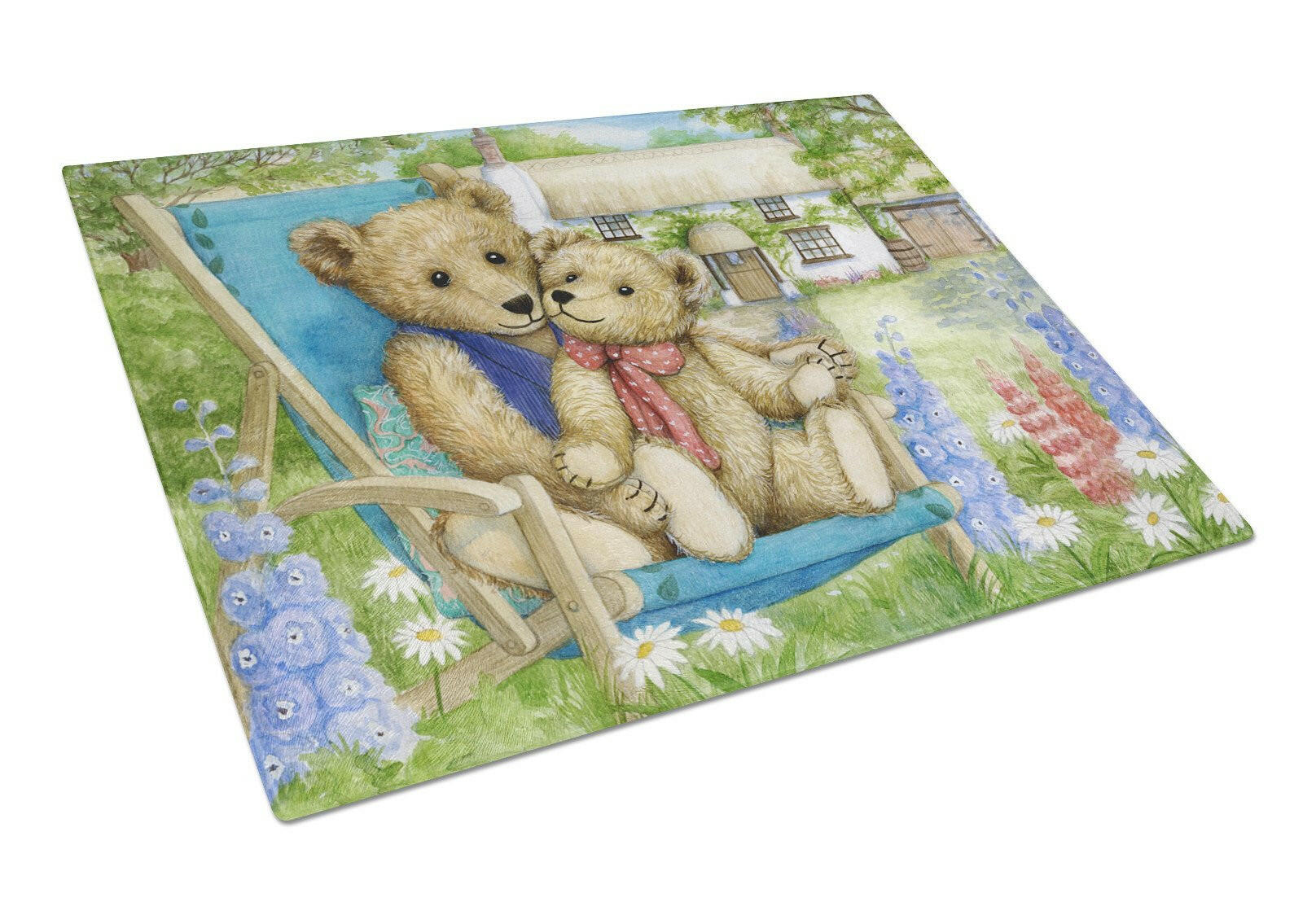 Springtime Teddy Bears in Flowers Cutting Board Tempered Glass Kitchen Cutting Surface, Heat Resistant Chopping, Non-Slip Feet, Food Prep & Serving