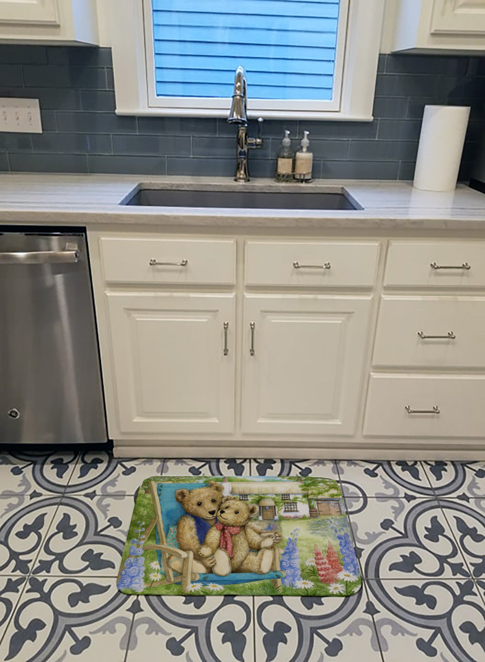 Springtime Teddy Bears in Flowers Memory Foam Kitchen Mat Machine Washable Anti-Fatigue Cushion Comfort Bath or Kitchen Rug