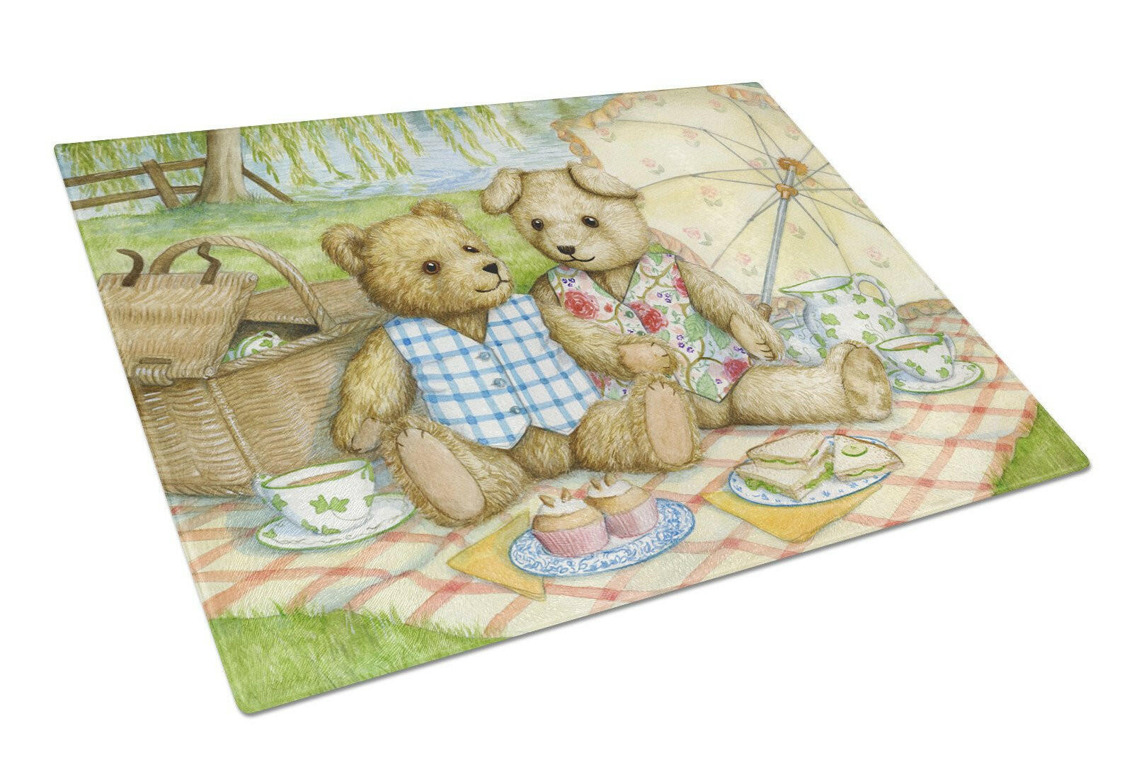 Summertime Teddy Bears Picnic Cutting Board Tempered Glass Kitchen Cutting Surface, Heat Resistant Chopping, Non-Slip Feet, Food Prep & Serving