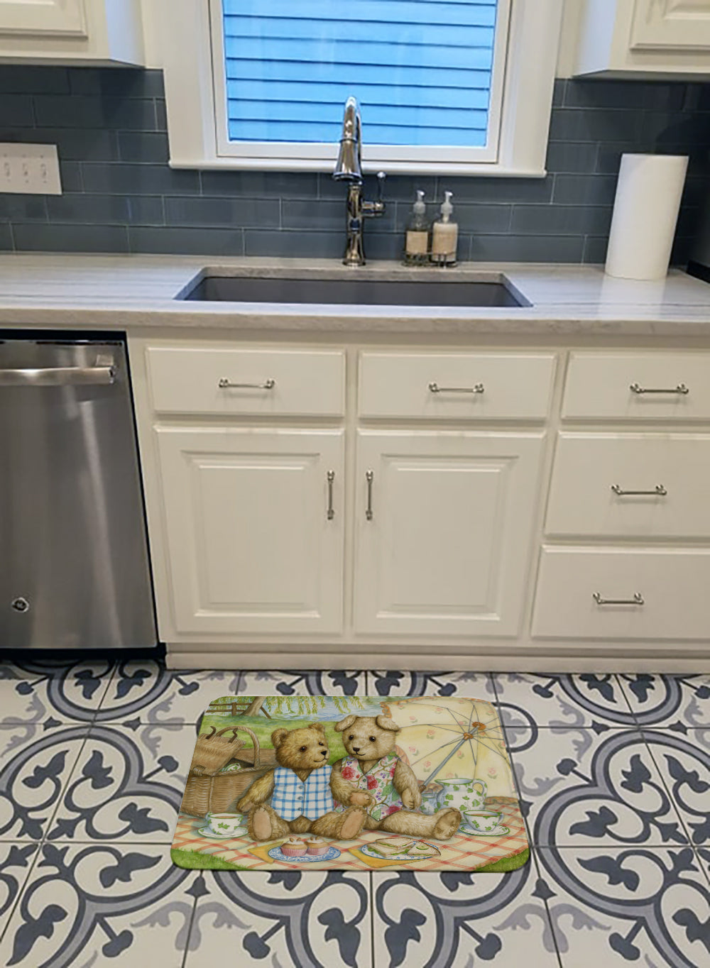 Summertime Teddy Bears Picnic Memory Foam Kitchen Mat Machine Washable Anti-Fatigue Cushion Comfort Bath or Kitchen Rug