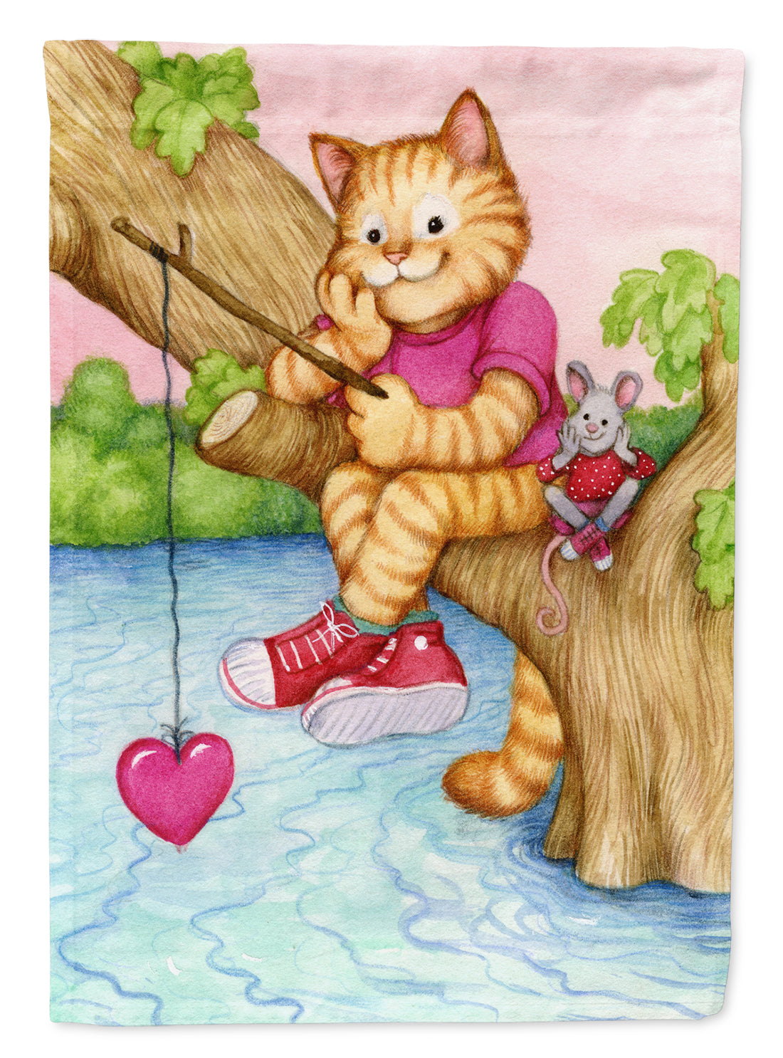 Valentine Cat Fishing For Love House Flag 28x40 Porch Sleeve Pole Decorative Outside Yard Banner Artwork Wall Hanging, Polyester