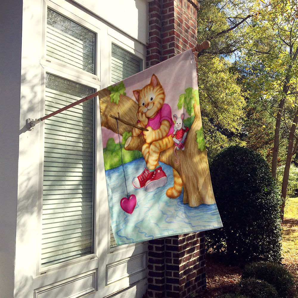 Valentine Cat Fishing For Love House Flag 28x40 Porch Sleeve Pole Decorative Outside Yard Banner Artwork Wall Hanging, Polyester