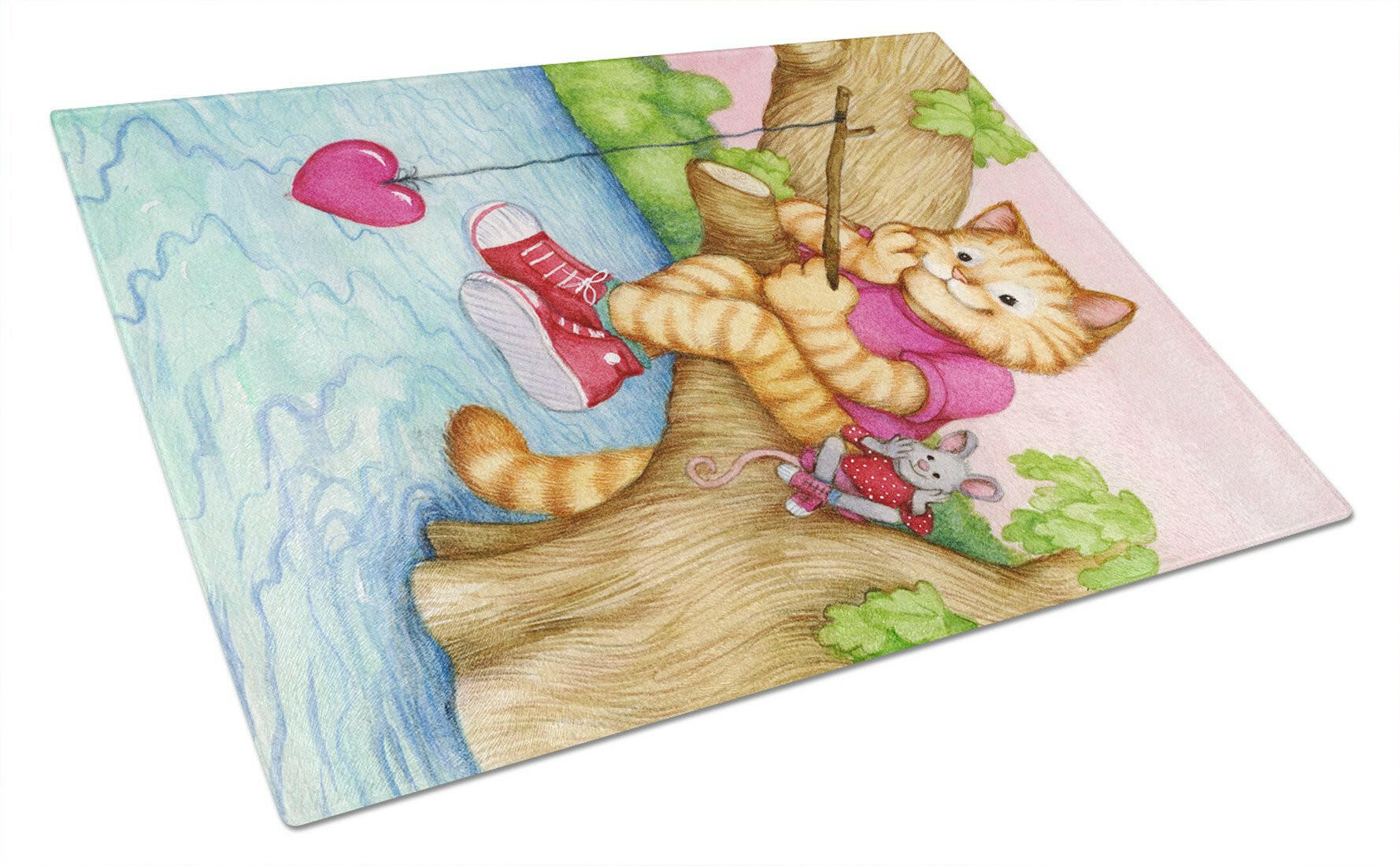 Valentine Cat Fishing For Love Cutting Board Tempered Glass Kitchen Cutting Surface, Heat Resistant Chopping, Non-Slip Feet, Food Prep & Serving