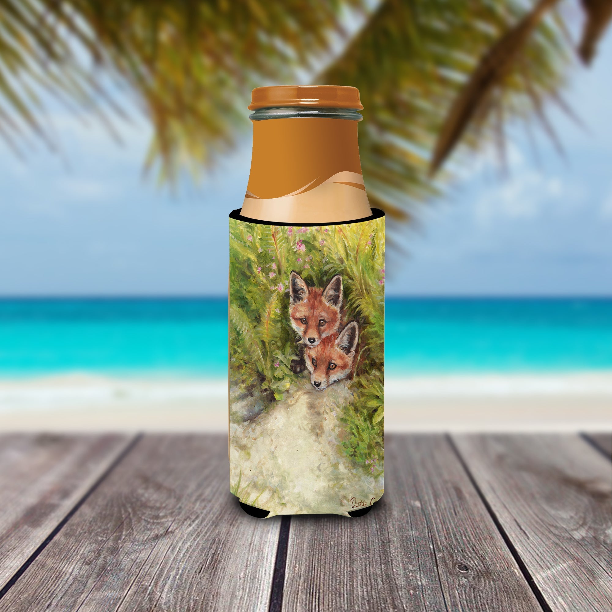 Fox Cubs Peepers by Debbie Cook Slim Can Hugger , Insulated Foam Hugger for 12 oz Slim Cans, Beer Bottles & Water Bottles, Printed in USA