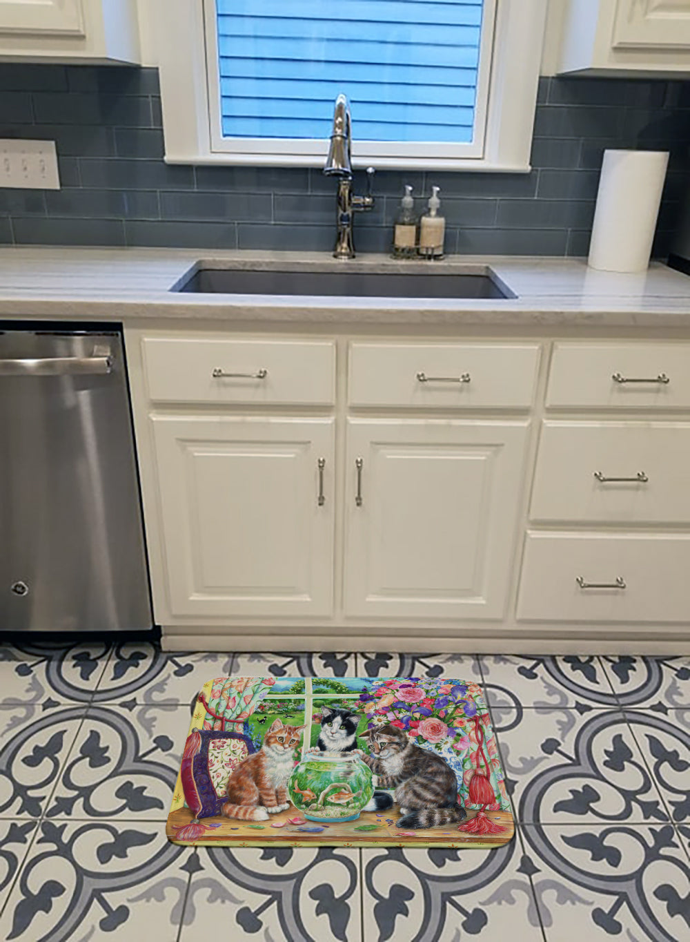 Cats Just Looking in the fish bowl Memory Foam Kitchen Mat Machine Washable Anti-Fatigue Cushion Comfort Bath or Kitchen Rug