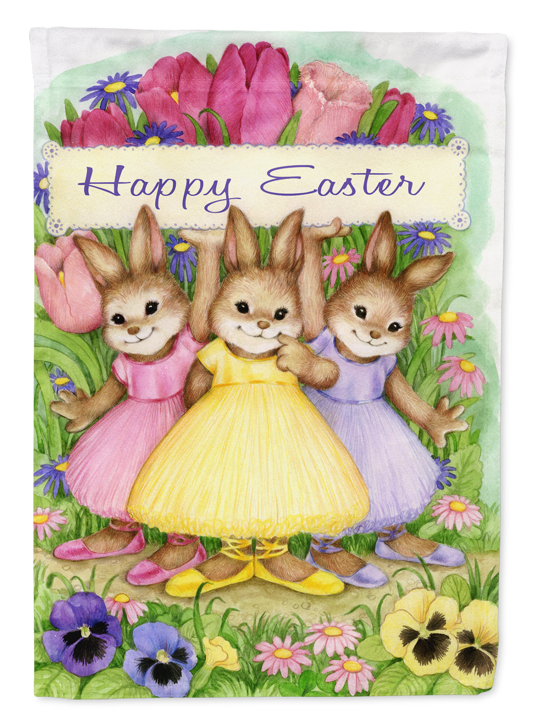 Three Bunnies Happy Easter House Flag 28x40 Porch Sleeve Pole Decorative Outside Yard Banner Artwork Wall Hanging, Polyester