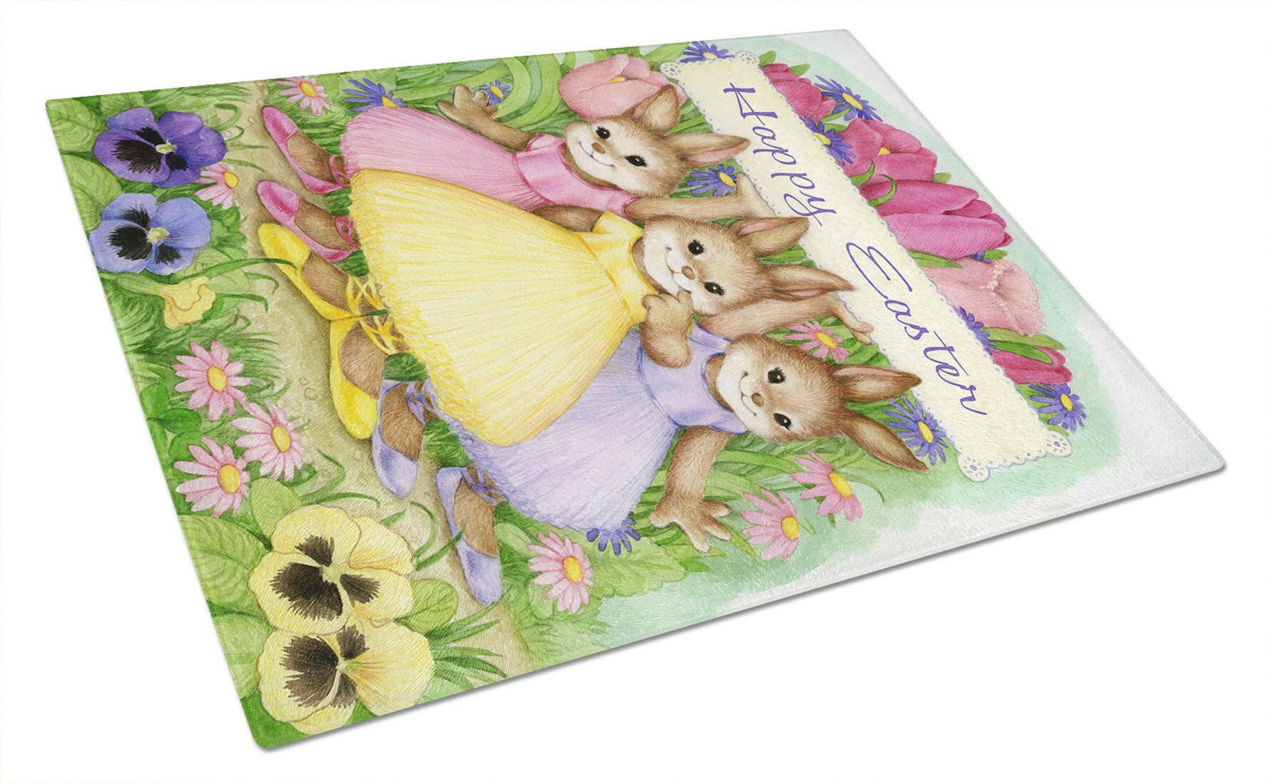Three Bunnies Happy Easter Cutting Board Tempered Glass Kitchen Cutting Surface, Heat Resistant Chopping, Non-Slip Feet, Food Prep & Serving