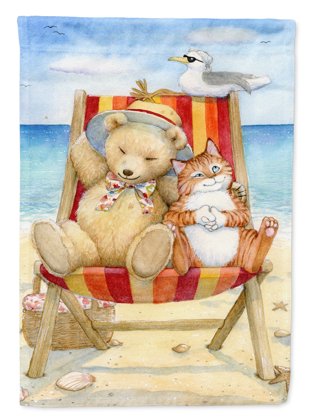 Summer Teddy Bear and Cat on Beach House Flag 28x40 Porch Sleeve Pole Decorative Outside Yard Banner Artwork Wall Hanging, Polyester