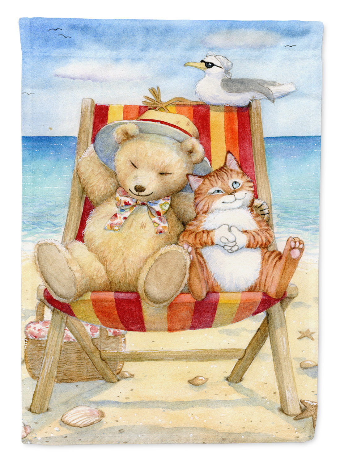 Summer Teddy Bear and Cat on Beach House Flag 28x40 Porch Sleeve Pole Decorative Outside Yard Banner Artwork Wall Hanging, Polyester