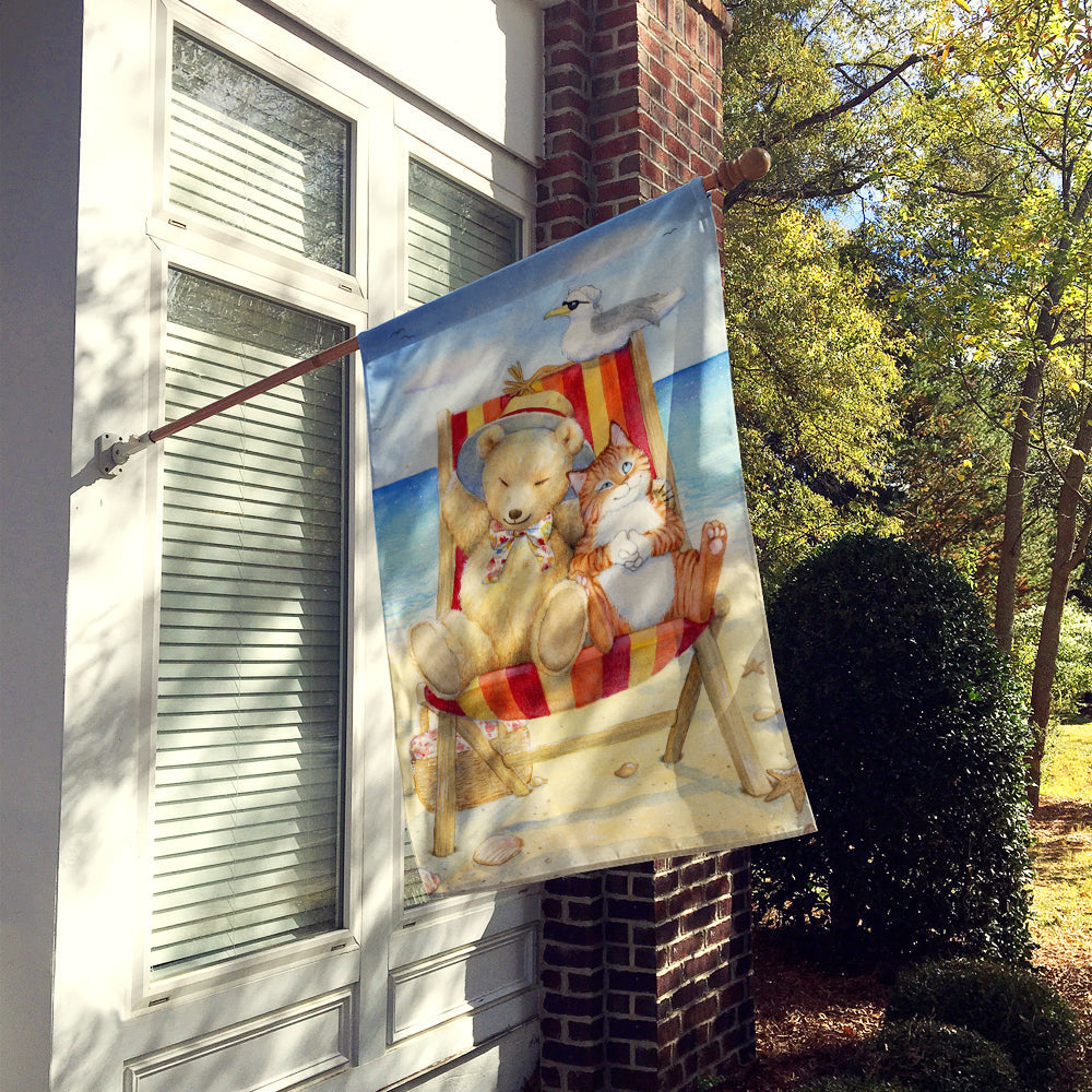 Summer Teddy Bear and Cat on Beach House Flag 28x40 Porch Sleeve Pole Decorative Outside Yard Banner Artwork Wall Hanging, Polyester