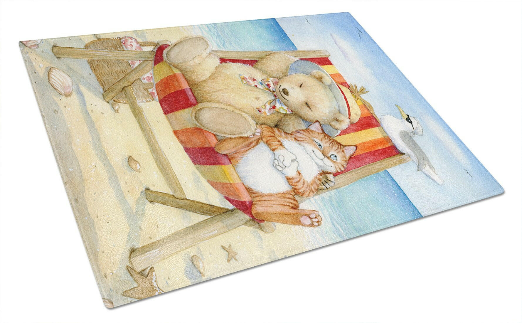 Summer Teddy Bear and Cat on Beach Cutting Board Tempered Glass Kitchen Cutting Surface, Heat Resistant Chopping, Non-Slip Feet, Food Prep & Serving