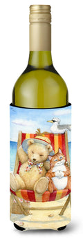 Summer Teddy Bear and Cat on Beach Wine Bottle Hugger Gift Sleeve for Standard 750 ml Bottles, Insulated Reusable Also Fits Mini Shot & Pint Bottles