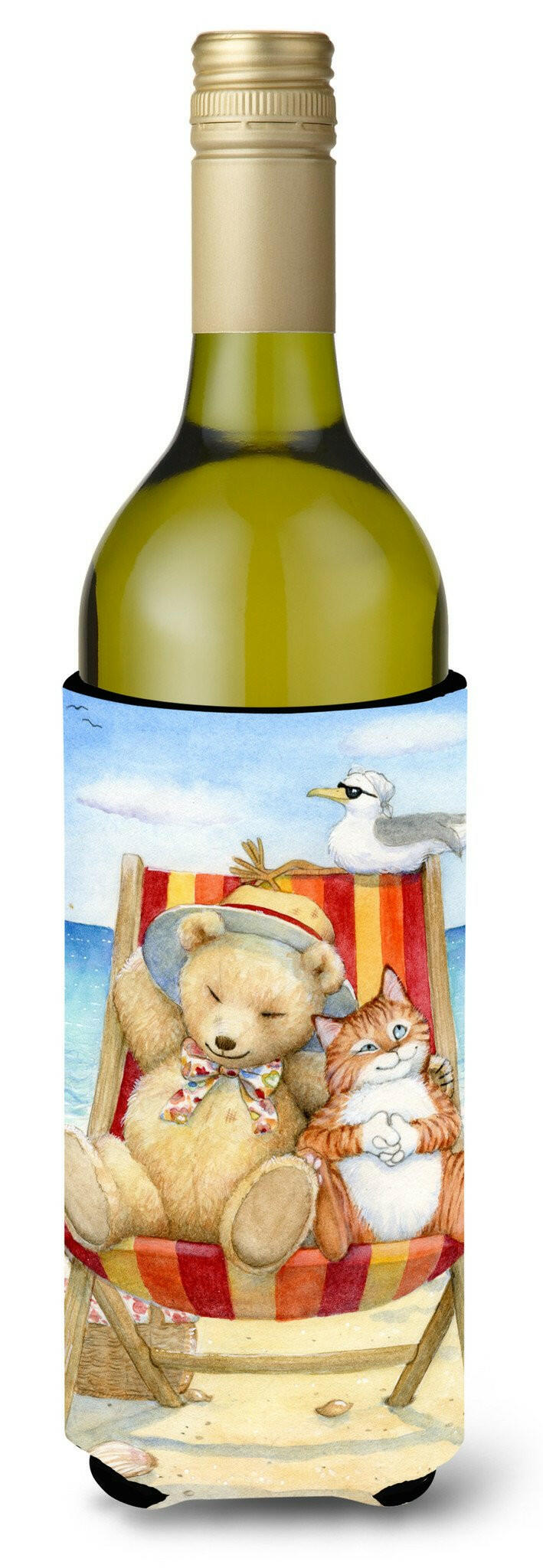 Summer Teddy Bear and Cat on Beach Wine Bottle Hugger Gift Sleeve for Standard 750 ml Bottles, Insulated Reusable Also Fits Mini Shot & Pint Bottles