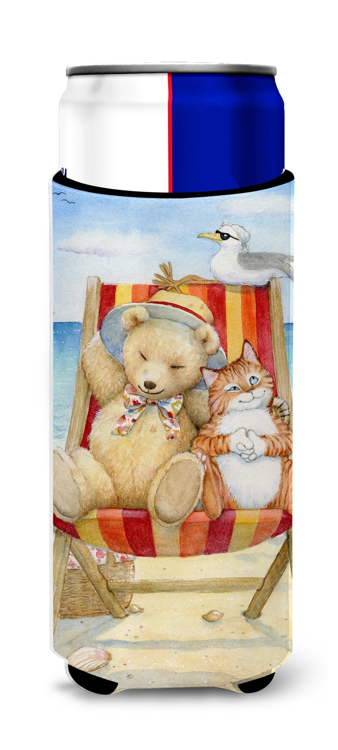 Summer Teddy Bear and Cat on Beach Slim Can Hugger , Insulated Foam Hugger for 12 oz Slim Cans, Beer Bottles & Water Bottles, Printed in USA