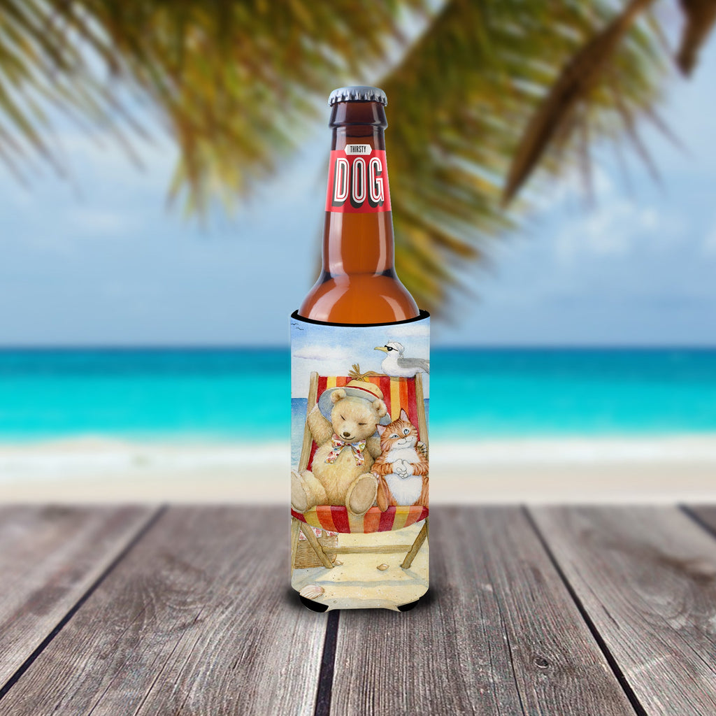 Summer Teddy Bear and Cat on Beach Slim Can Hugger , Insulated Foam Hugger for 12 oz Slim Cans, Beer Bottles & Water Bottles, Printed in USA