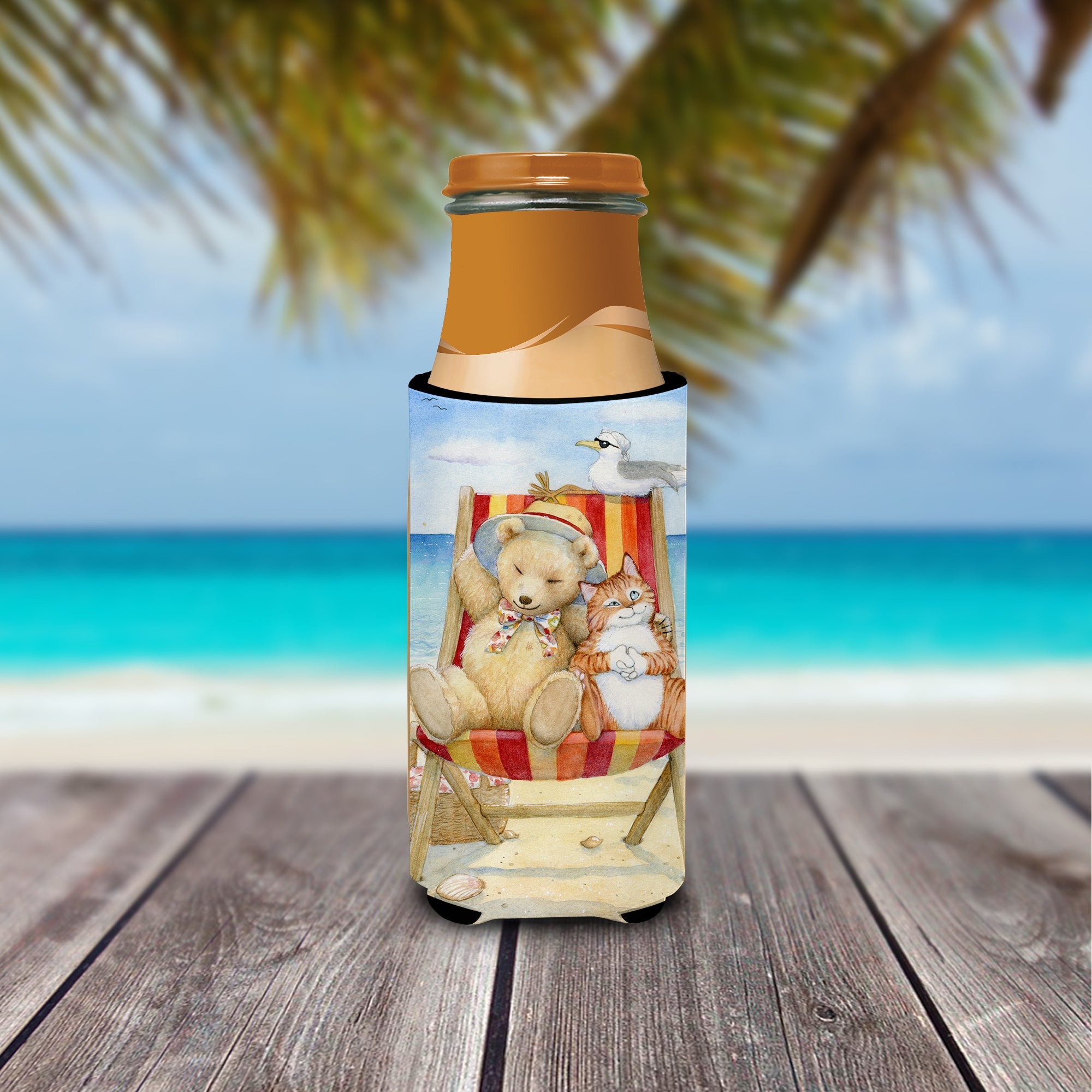 Summer Teddy Bear and Cat on Beach Slim Can Hugger , Insulated Foam Hugger for 12 oz Slim Cans, Beer Bottles & Water Bottles, Printed in USA