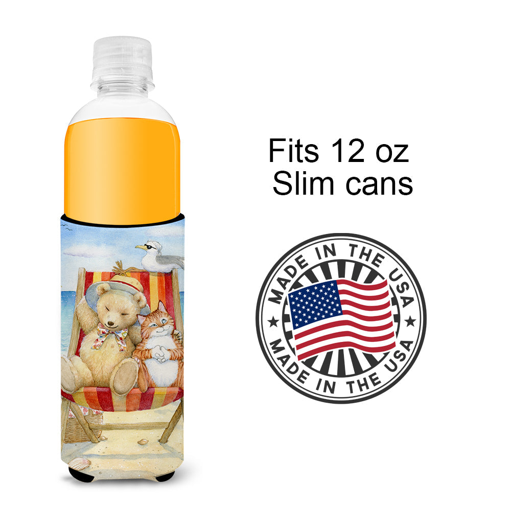 Summer Teddy Bear and Cat on Beach Slim Can Hugger , Insulated Foam Hugger for 12 oz Slim Cans, Beer Bottles & Water Bottles, Printed in USA