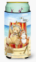 Summer Teddy Bear and Cat on Beach Tall Boy Hugger Can Cooler Sleeve Machine Washable Drink Collapsible Insulator Beverage Insulated Holder