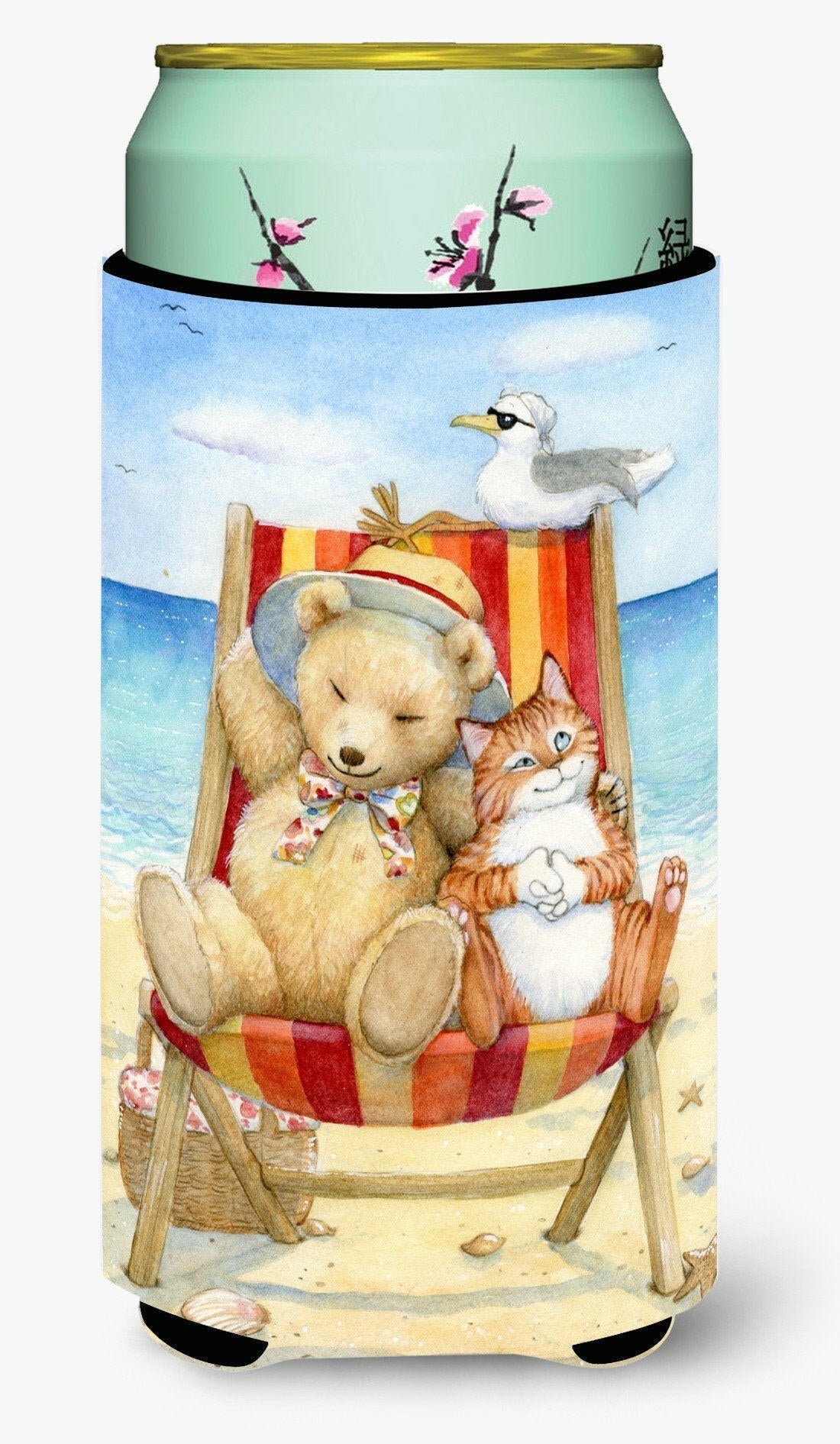Summer Teddy Bear and Cat on Beach Tall Boy Hugger Can Cooler Sleeve Machine Washable Drink Collapsible Insulator Beverage Insulated Holder
