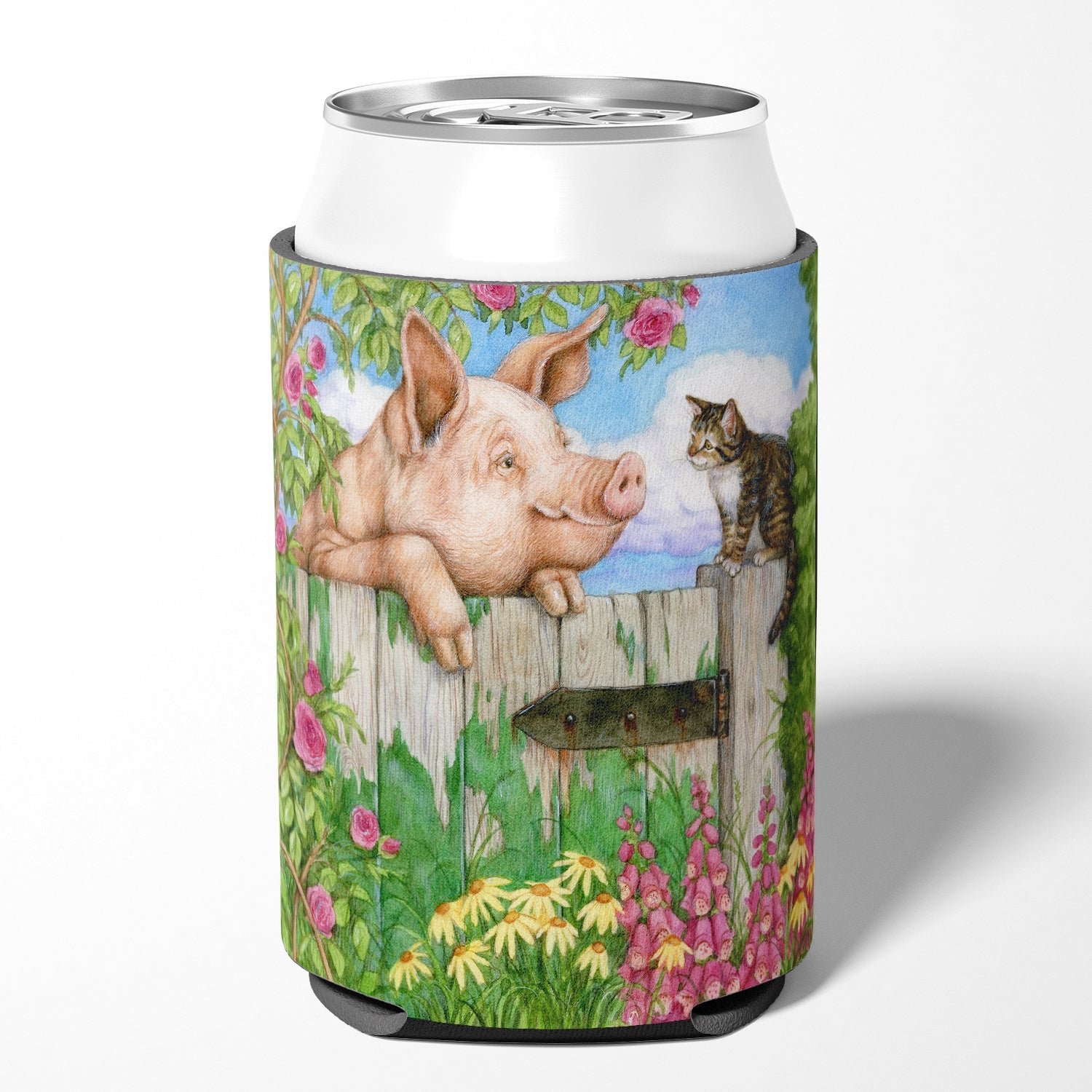 Pig at the Gate with the Cat Can or Bottle Hugger Cooler Sleeve for Standard 12 oz Cans, Insulated Foam Beer & Soda Can Hugger Reusable
