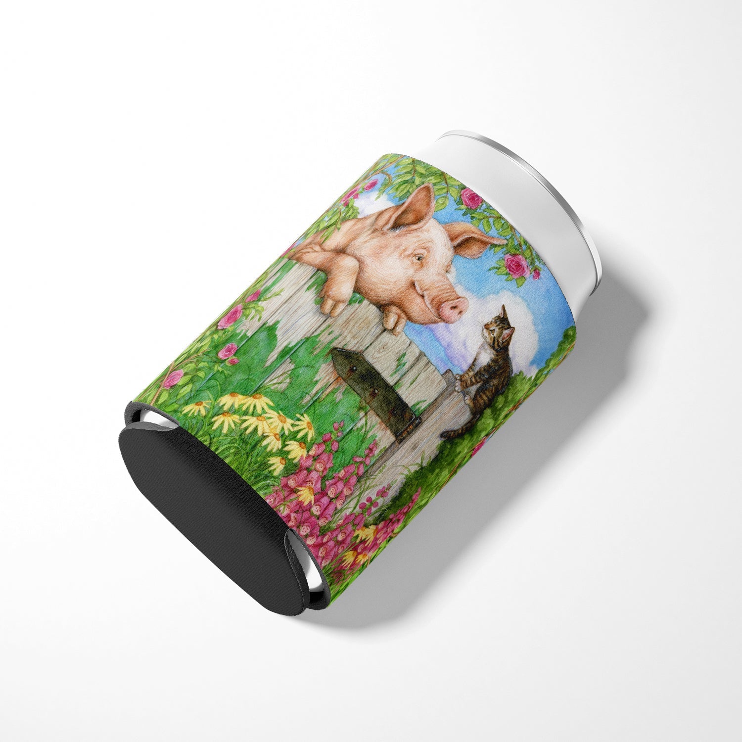 Pig at the Gate with the Cat Can or Bottle Hugger Cooler Sleeve for Standard 12 oz Cans, Insulated Foam Beer & Soda Can Hugger Reusable