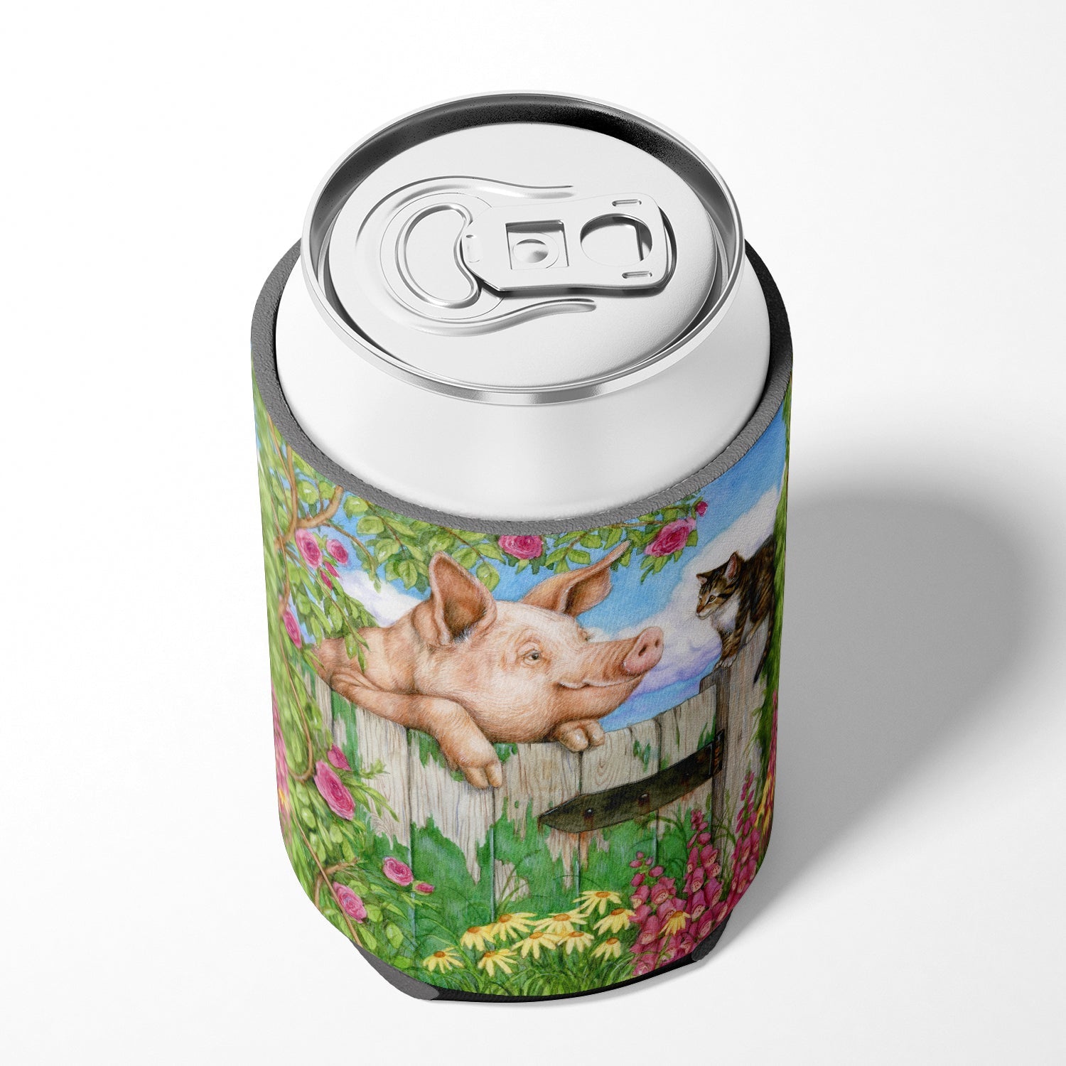 Pig at the Gate with the Cat Can or Bottle Hugger Cooler Sleeve for Standard 12 oz Cans, Insulated Foam Beer & Soda Can Hugger Reusable