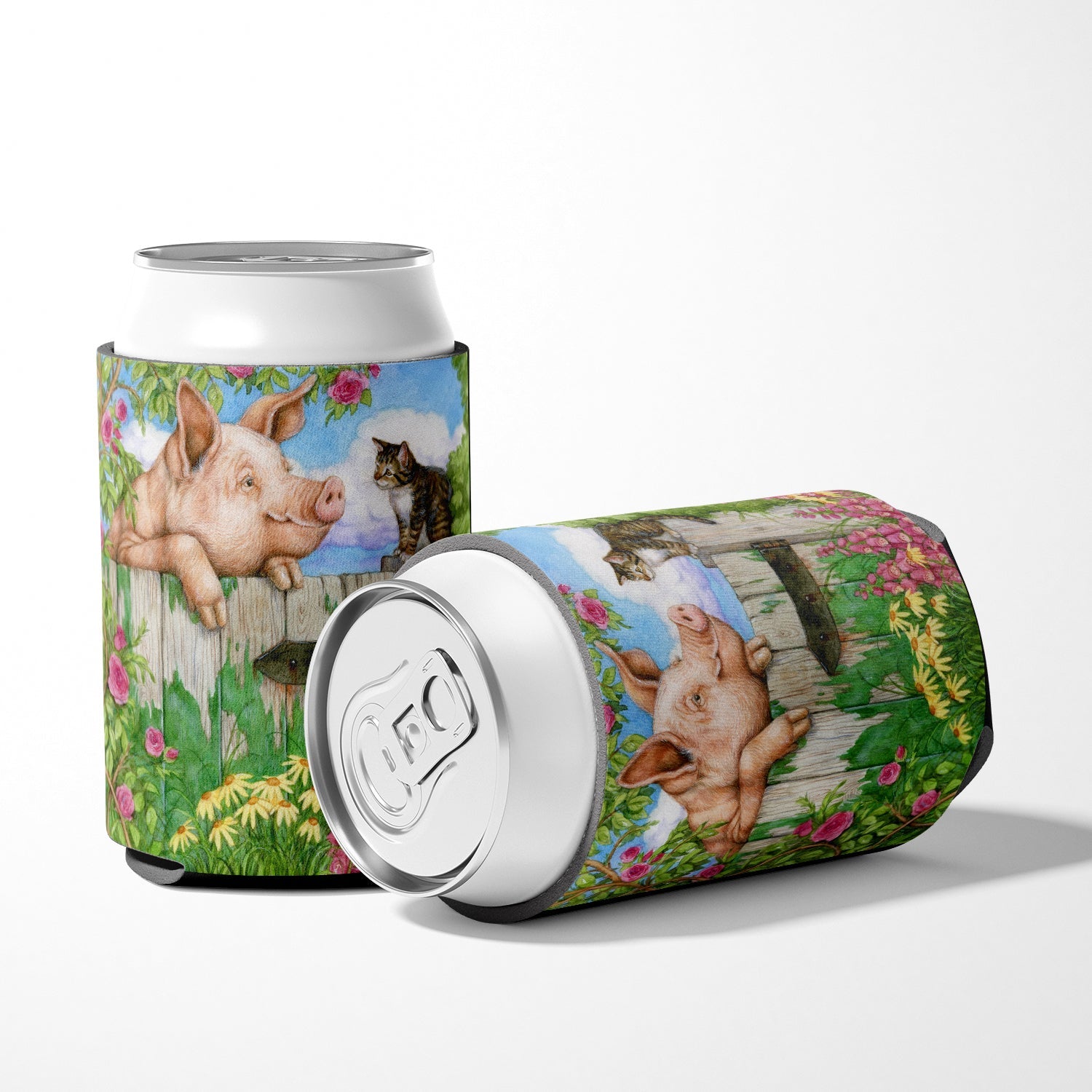 Pig at the Gate with the Cat Can or Bottle Hugger Cooler Sleeve for Standard 12 oz Cans, Insulated Foam Beer & Soda Can Hugger Reusable