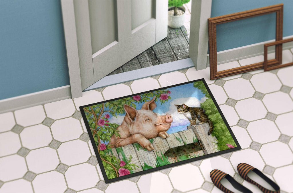 Pig at the Gate with the Cat Doormat Indoor Outdoor 24H X 36W Front Door Mat Rugs for Entryway, Non Slip Washable Low Pile,