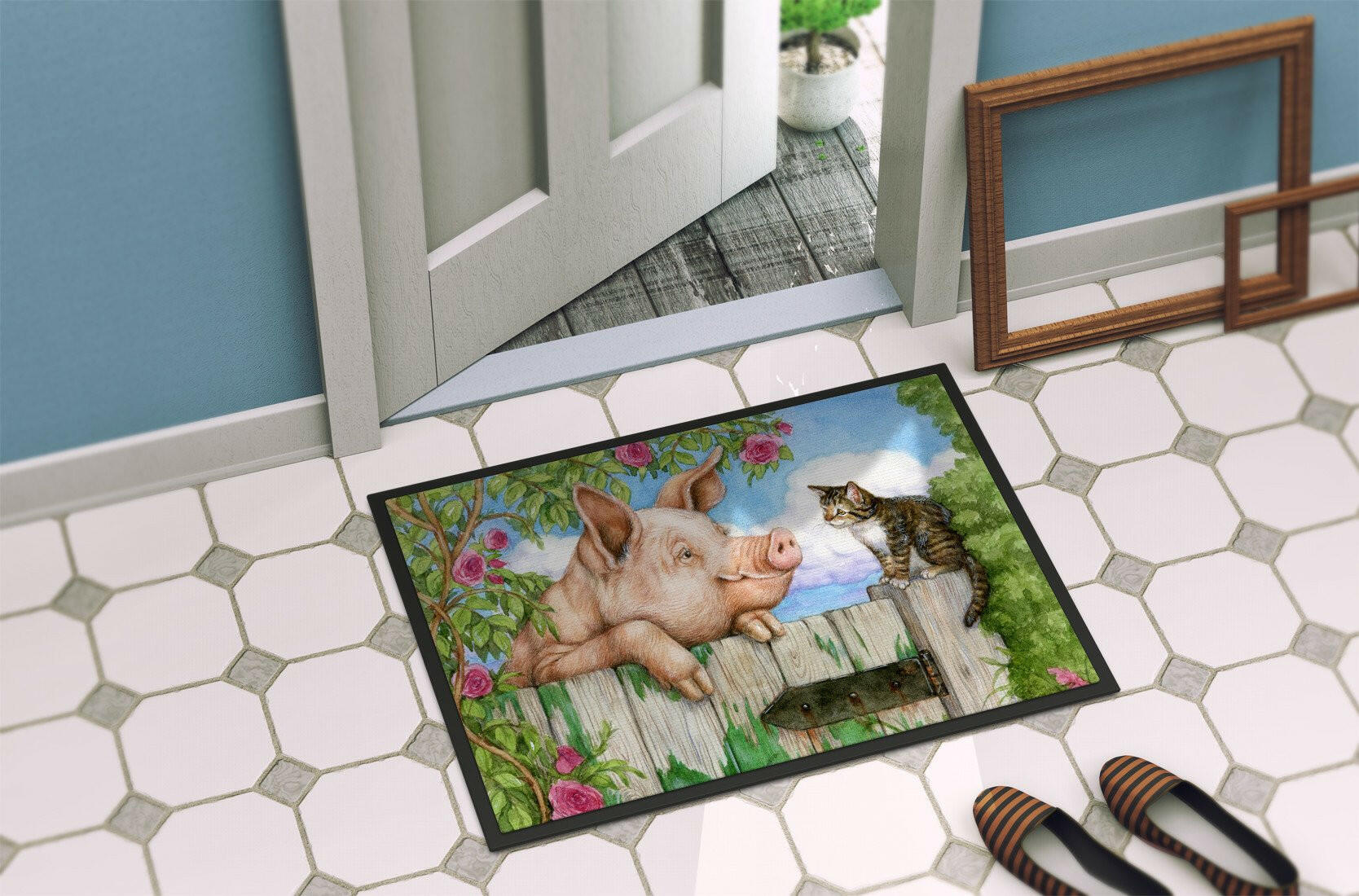 Pig at the Gate with the Cat Doormat Indoor Outdoor 24H X 36W Front Door Mat Rugs for Entryway, Non Slip Washable Low Pile,
