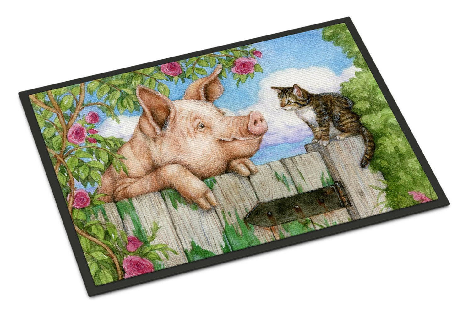 Pig at the Gate with the Cat Doormat Indoor Outdoor 18H X 27W Front Door Mat Rugs for Entryway, Non Slip Washable