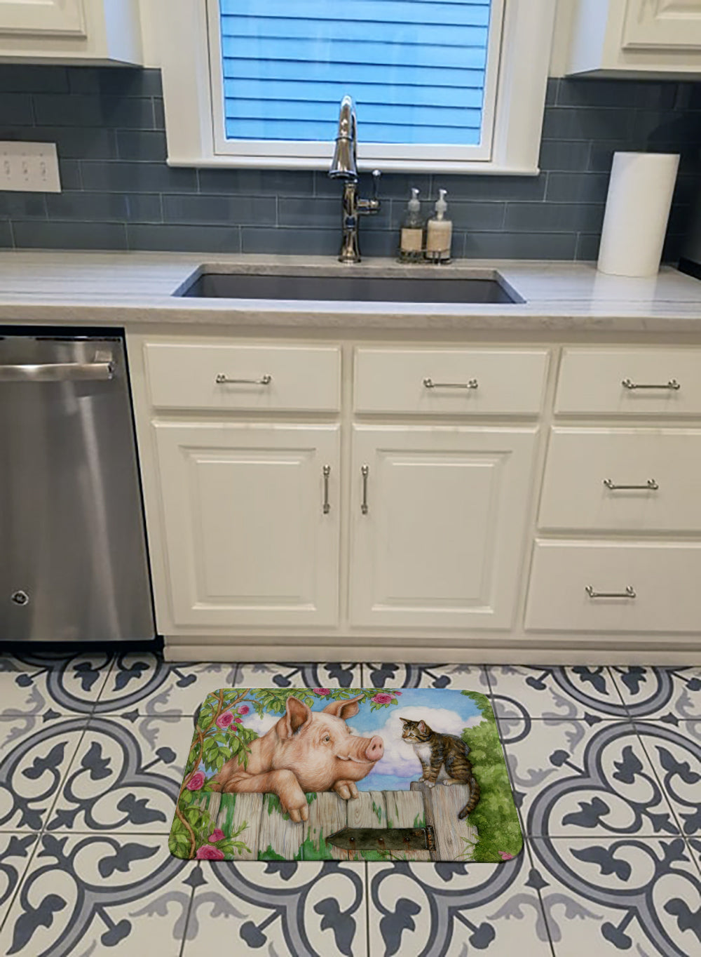 Pig at the Gate with the Cat Memory Foam Kitchen Mat Machine Washable Anti-Fatigue Cushion Comfort Bath or Kitchen Rug