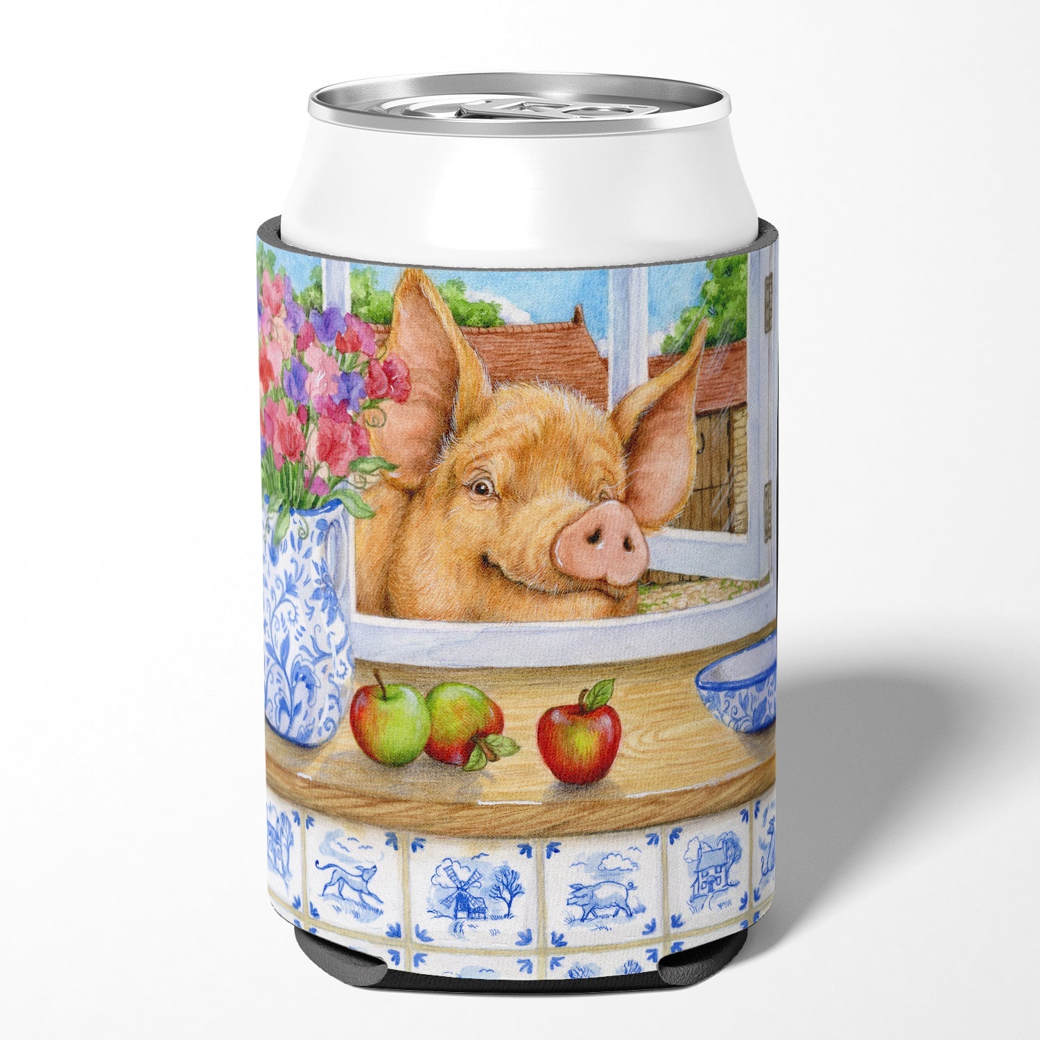 Pig trying to reach the Apple in the Window Can or Bottle Hugger Cooler Sleeve for Standard 12 oz Cans, Insulated Foam Beer & Soda Can Hugger Reusable