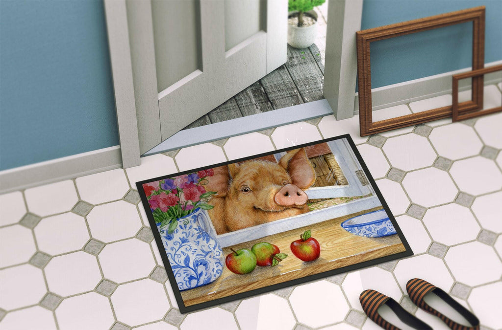 Pig trying to reach the Apple in the Window Doormat Indoor Outdoor 24H X 36W Front Door Mat Rugs for Entryway, Non Slip Washable Low Pile,