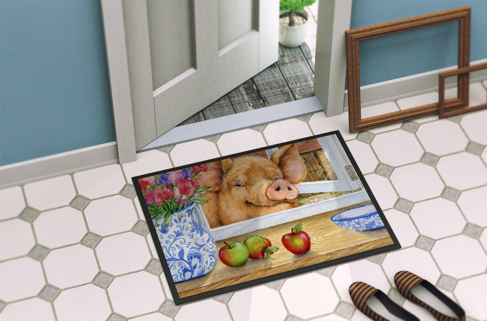 Pig trying to reach the Apple in the Window Doormat Indoor Outdoor 24H X 36W Front Door Mat Rugs for Entryway, Non Slip Washable Low Pile,
