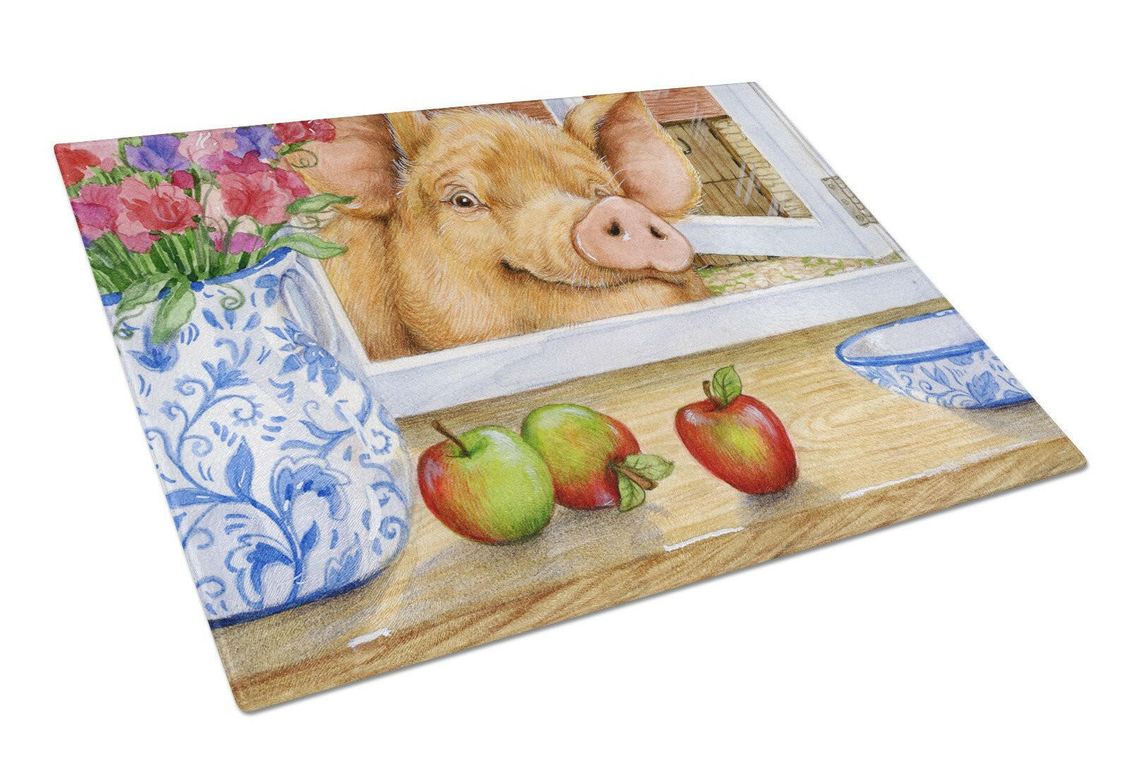 Pig trying to reach the Apple in the Window Cutting Board Tempered Glass Kitchen Cutting Surface, Heat Resistant Chopping, Non-Slip Feet, Food Prep & Serving