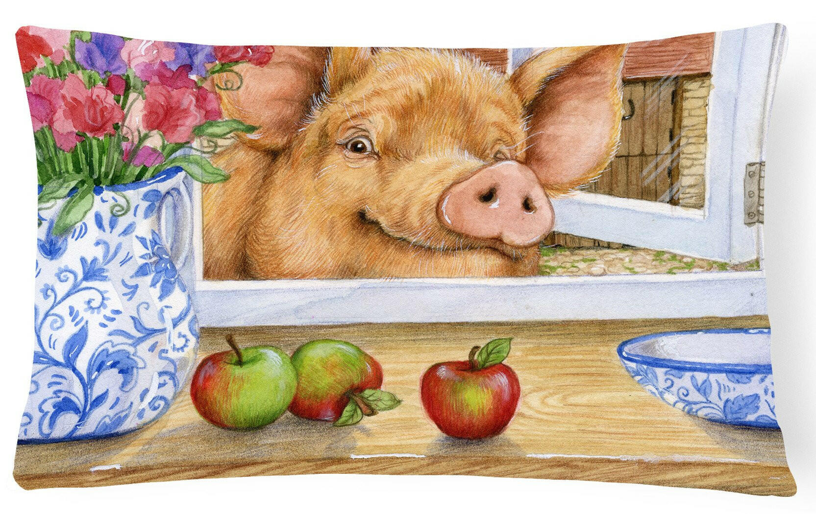 Pig trying to reach the Apple in the Window Decorative Throw Pillow 12x16 Indoor Outdoor Accent Cushion, Fabric Cover with Insert for Sofa, Bed, Porch & Living Room